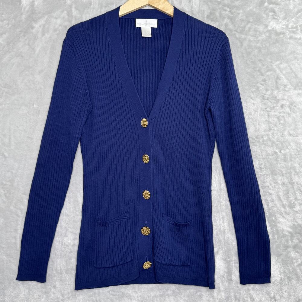 Soft Surroundings Sweater Womens Medium Blue Ribbed Cardigan Gold Button Pockets